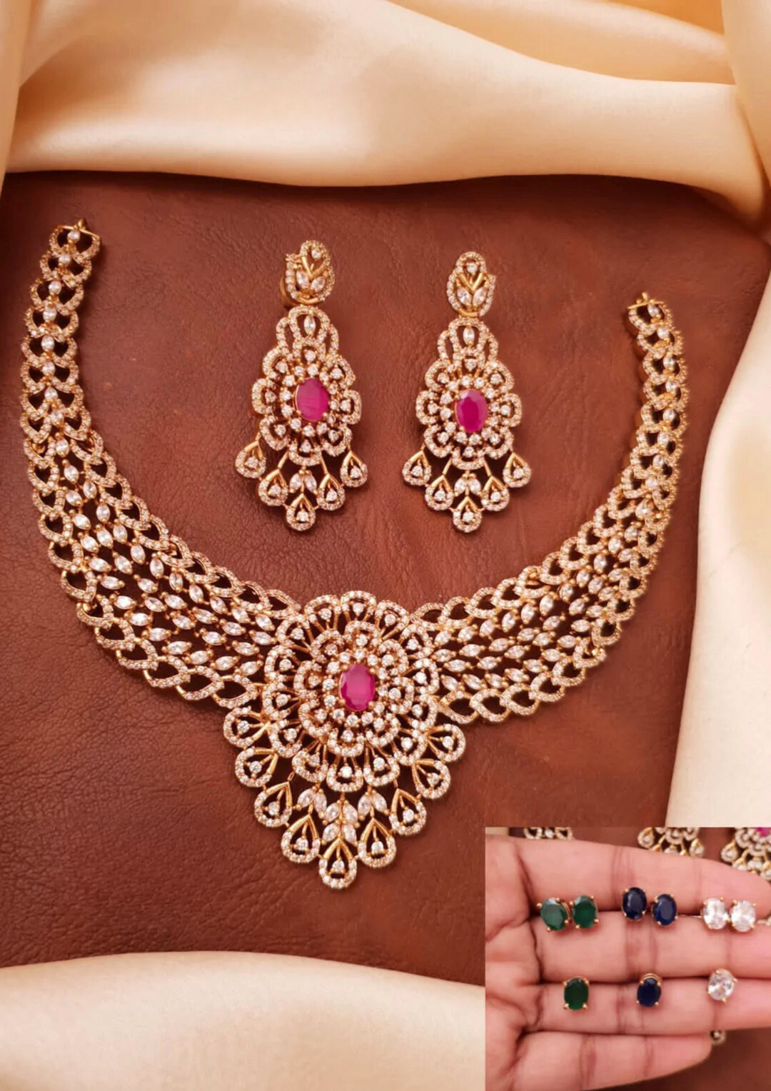 American diamond interchangeable necklace set with earrings (with 4 color stones) SSG101899