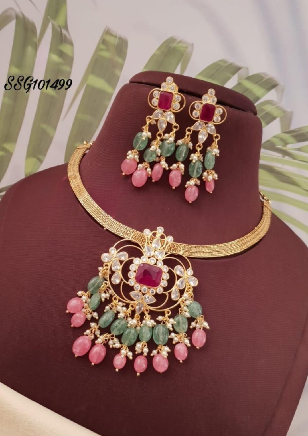 Kundan and beads necklace with earrings ssg 101499