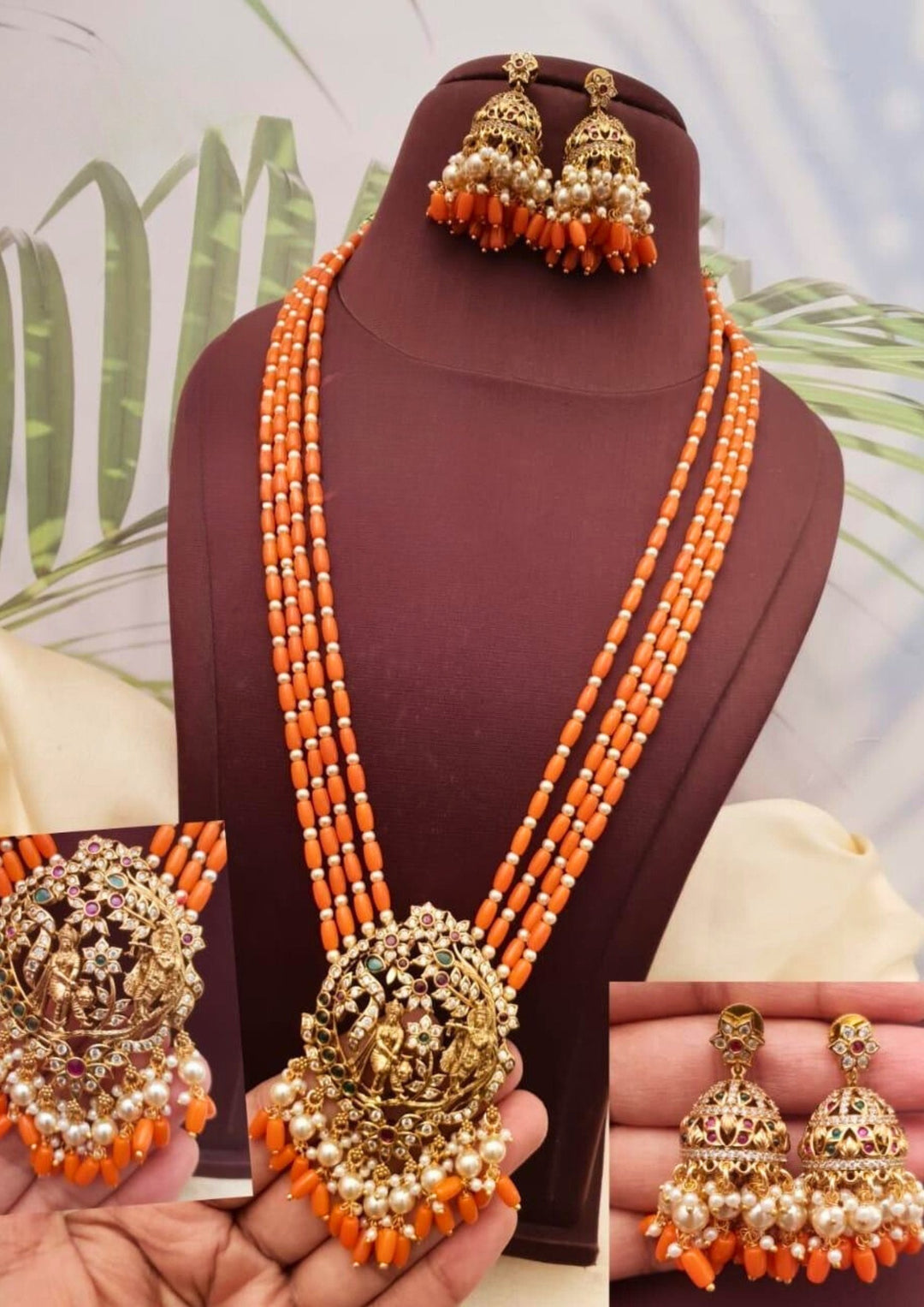 Kundan and beads temple jewelry necklace with earrings ssg 102350