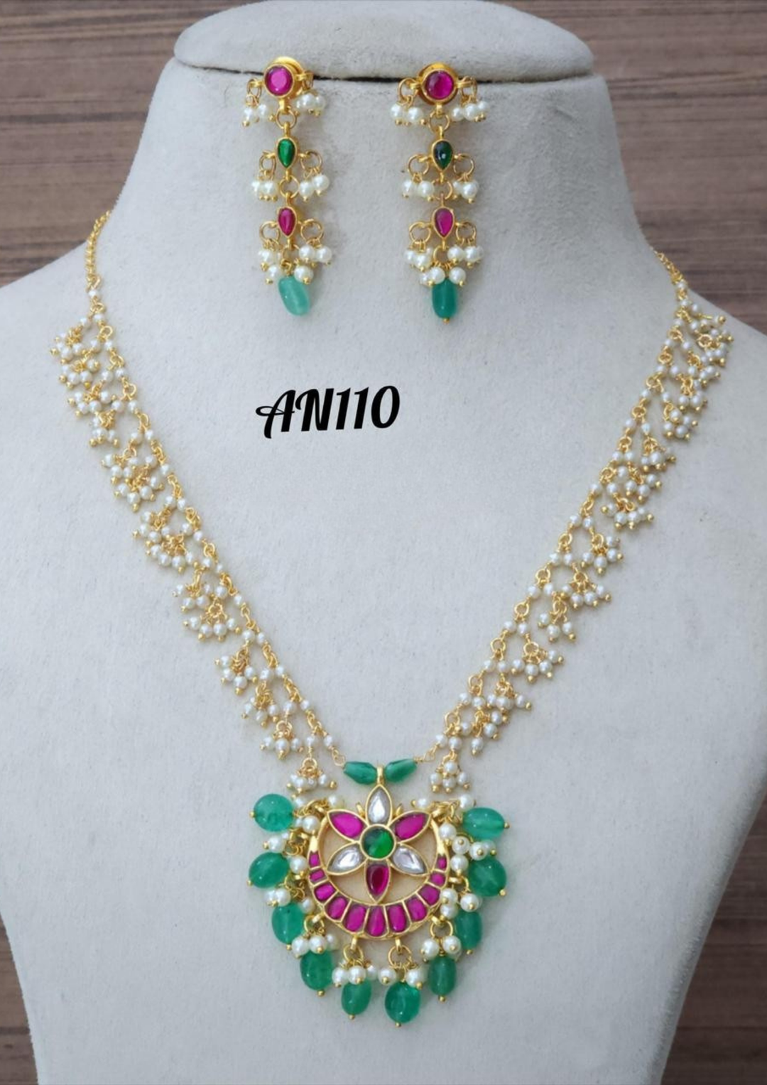 Jadau kundan and beads necklace with earrings AN 110