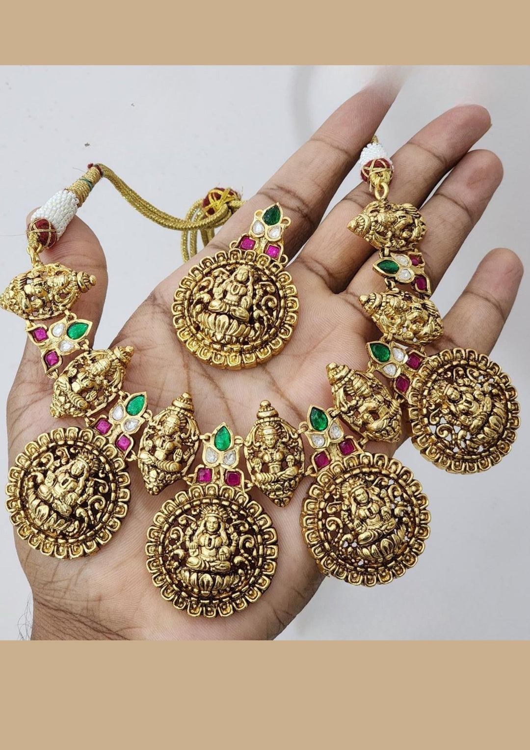 Jadau Kundan stone temple jewelry necklace with earrings r102620