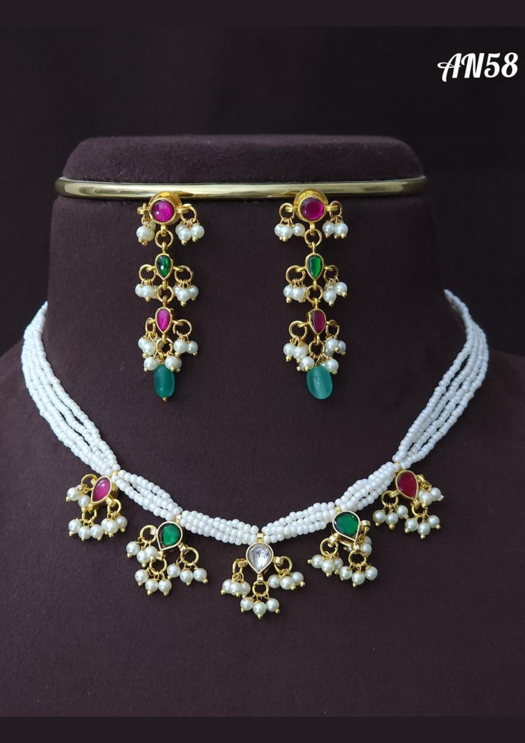 Jadau kundan and beads necklace with earrings AN 58