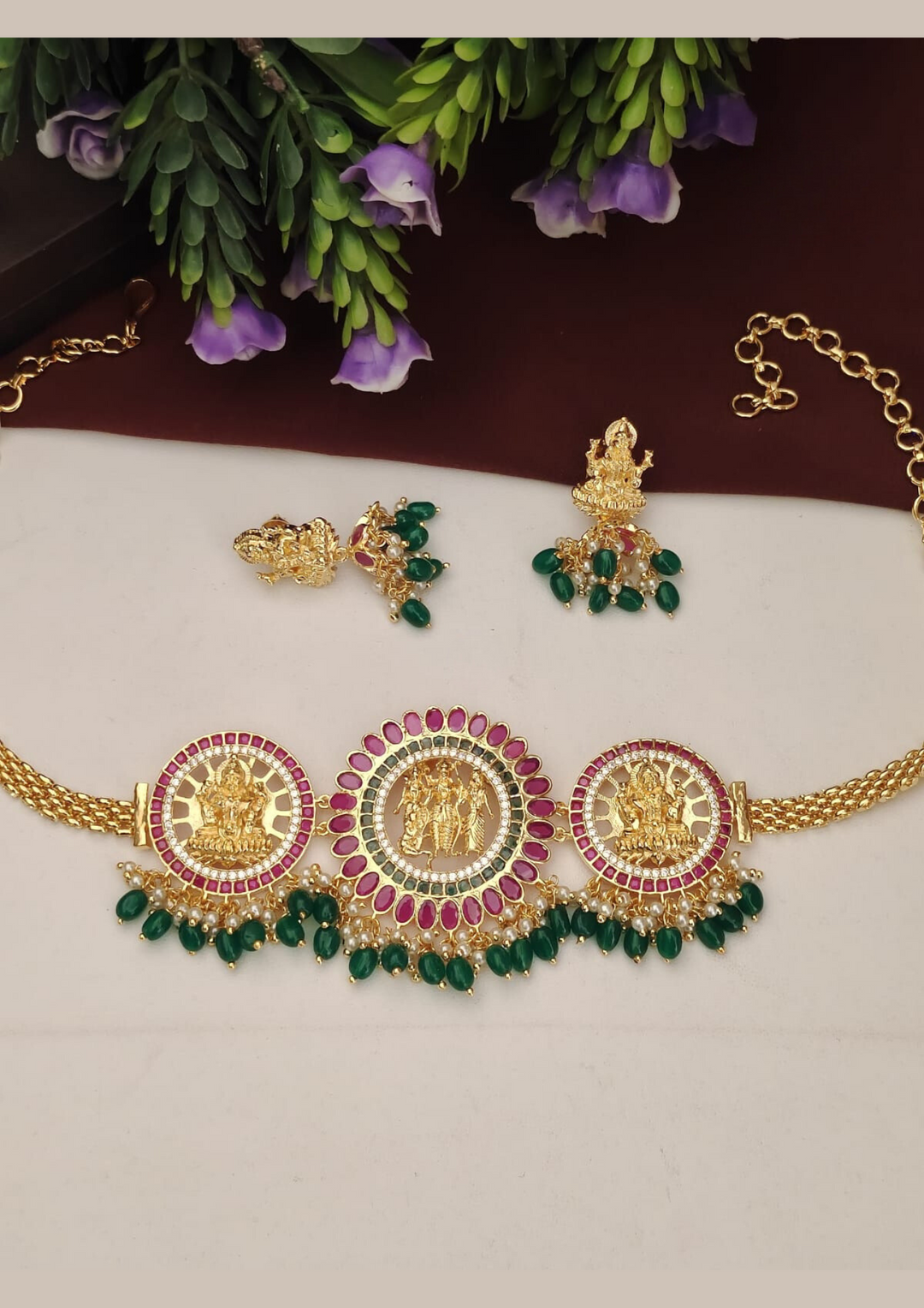 Kudnan and beads temple jewelry necklace set with earrings PC'S 170031