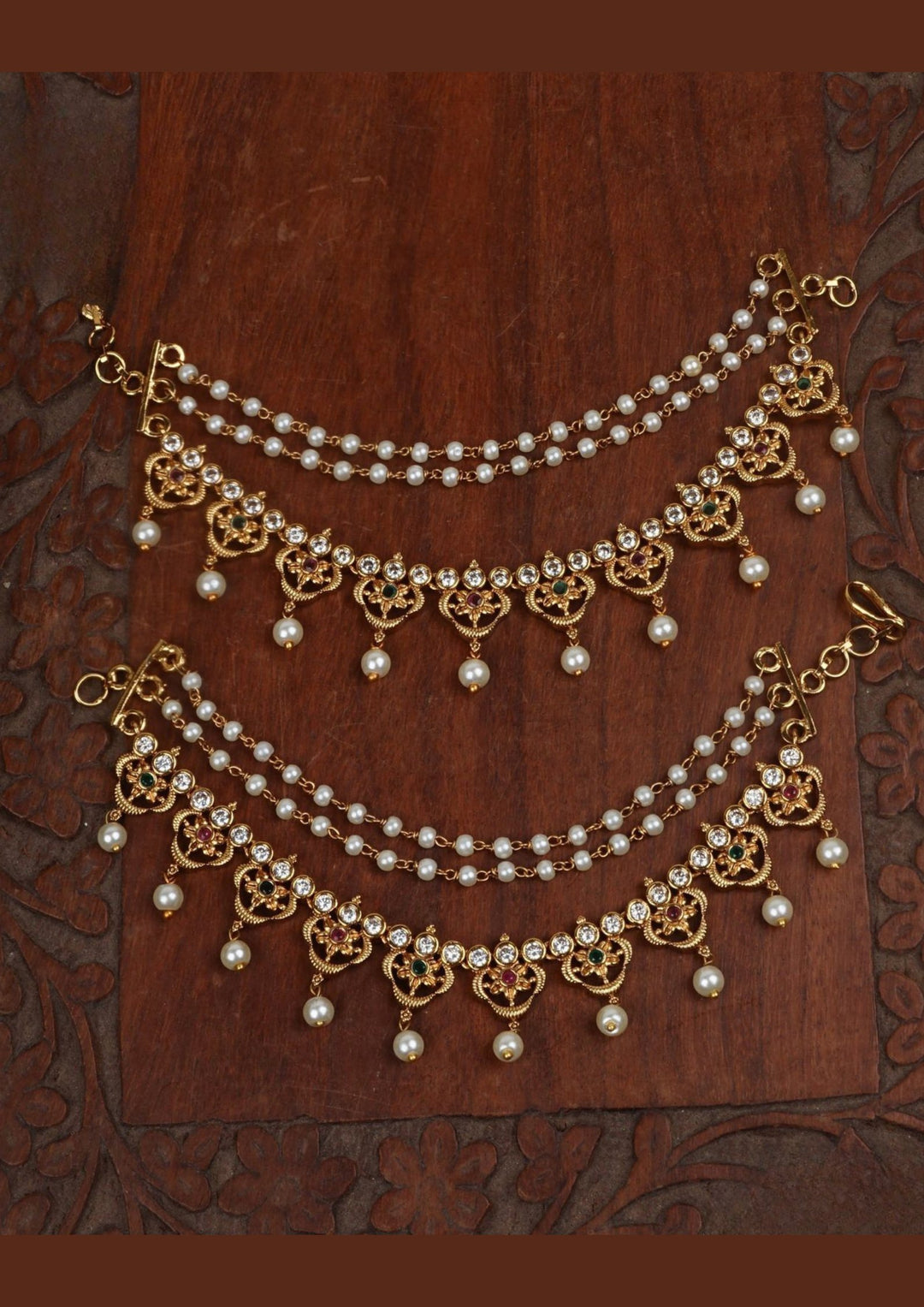 Kundan and beads ear chains c105520