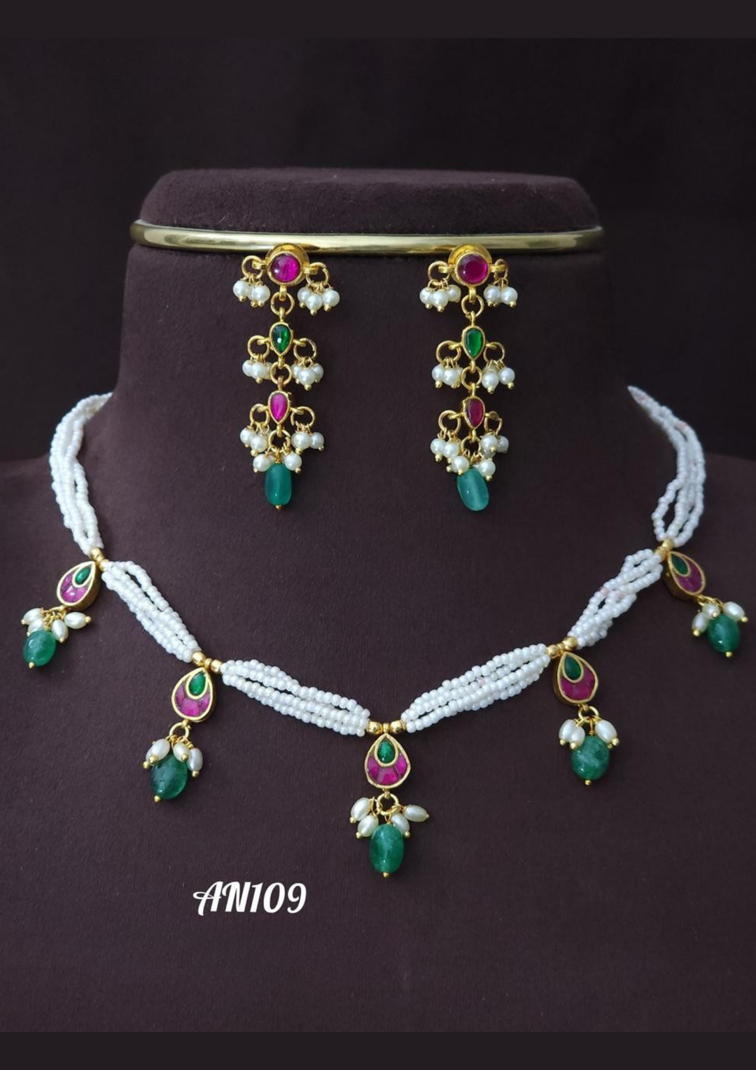 Jadau kundan and beads necklace with earrings AN 109