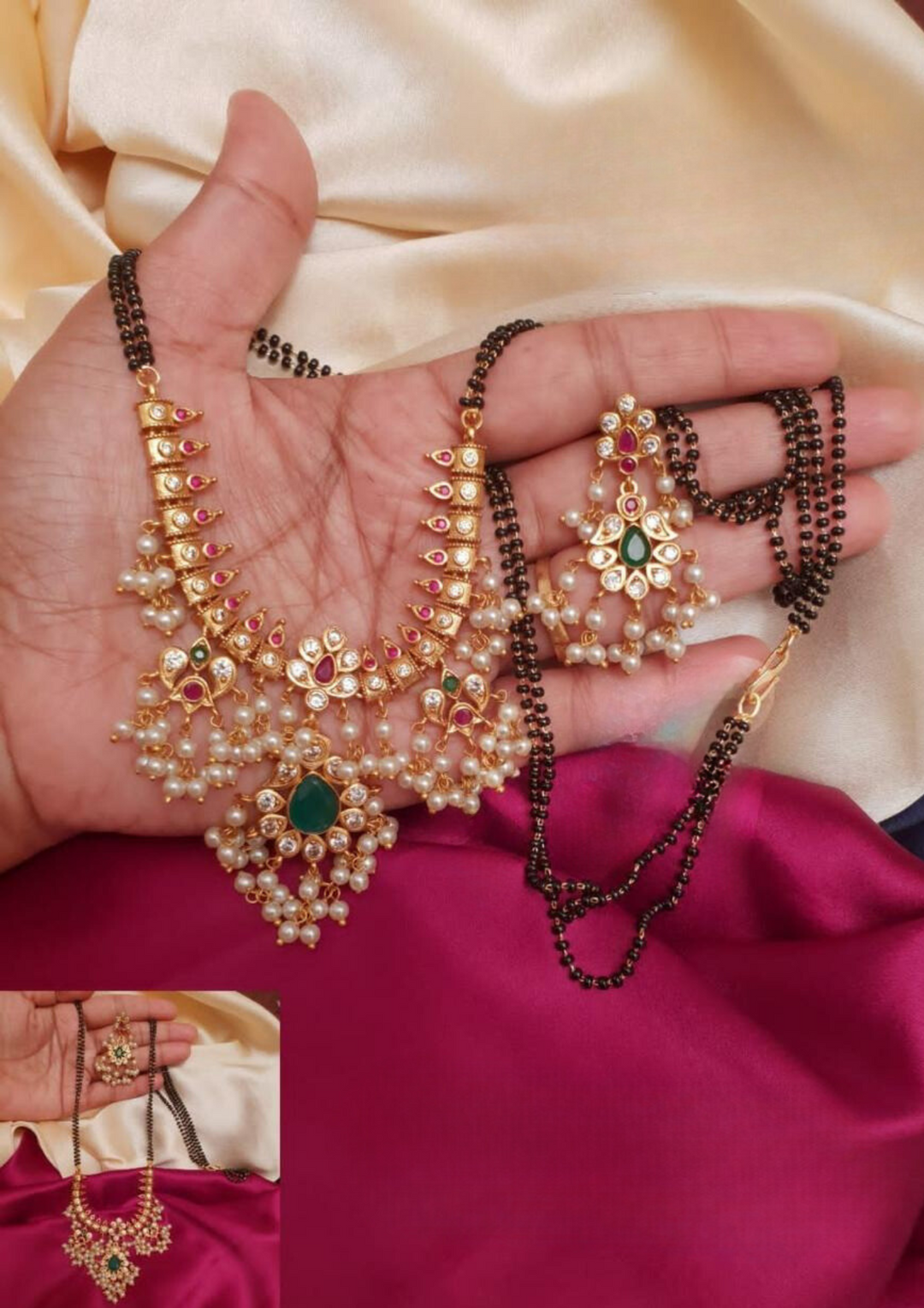 Kundan and guttapoosalu beads 24 inch mangalsutra with earrings ssg 101200