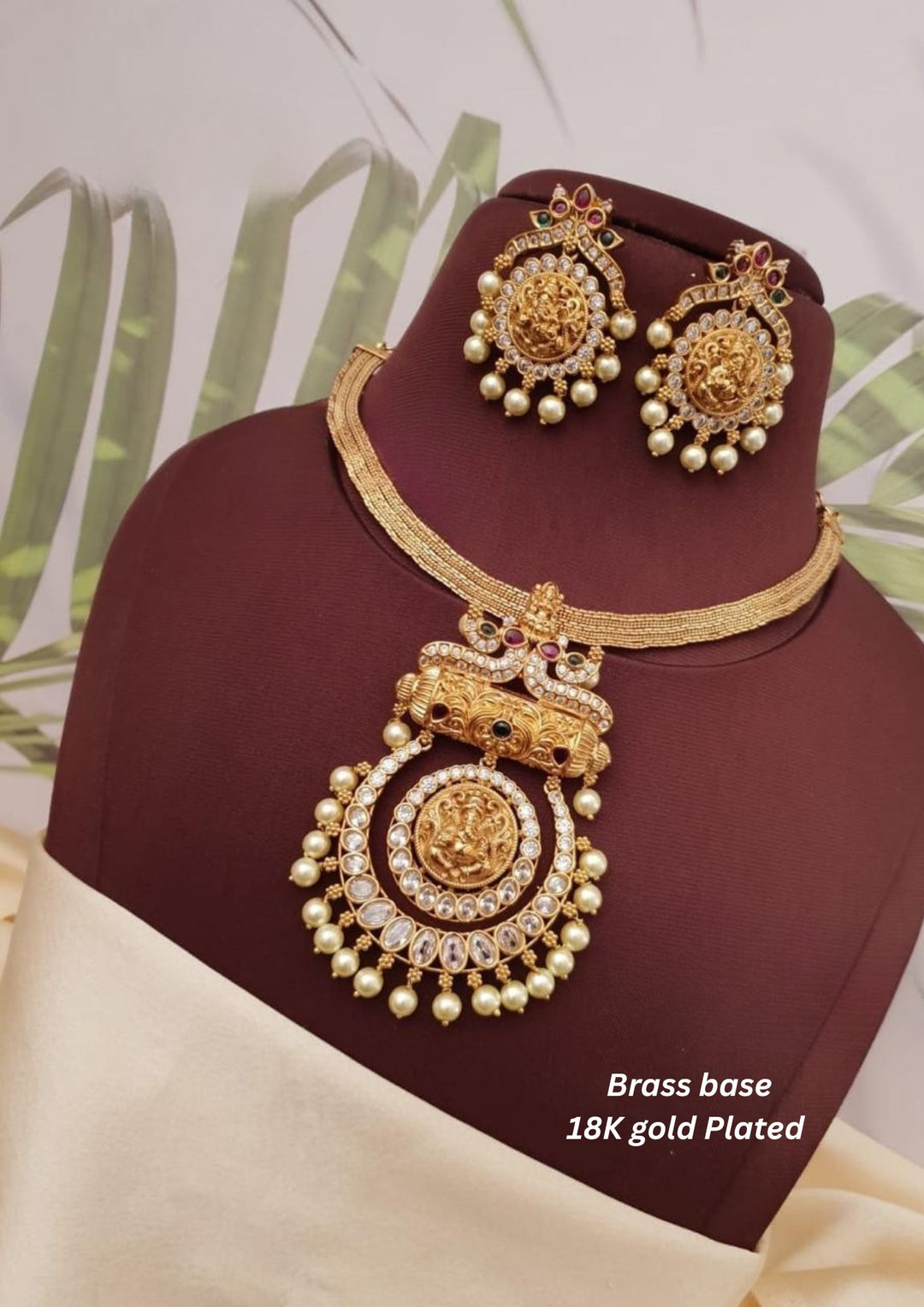 Kundan Brass Base  Temple Necklace With Earrings g101350