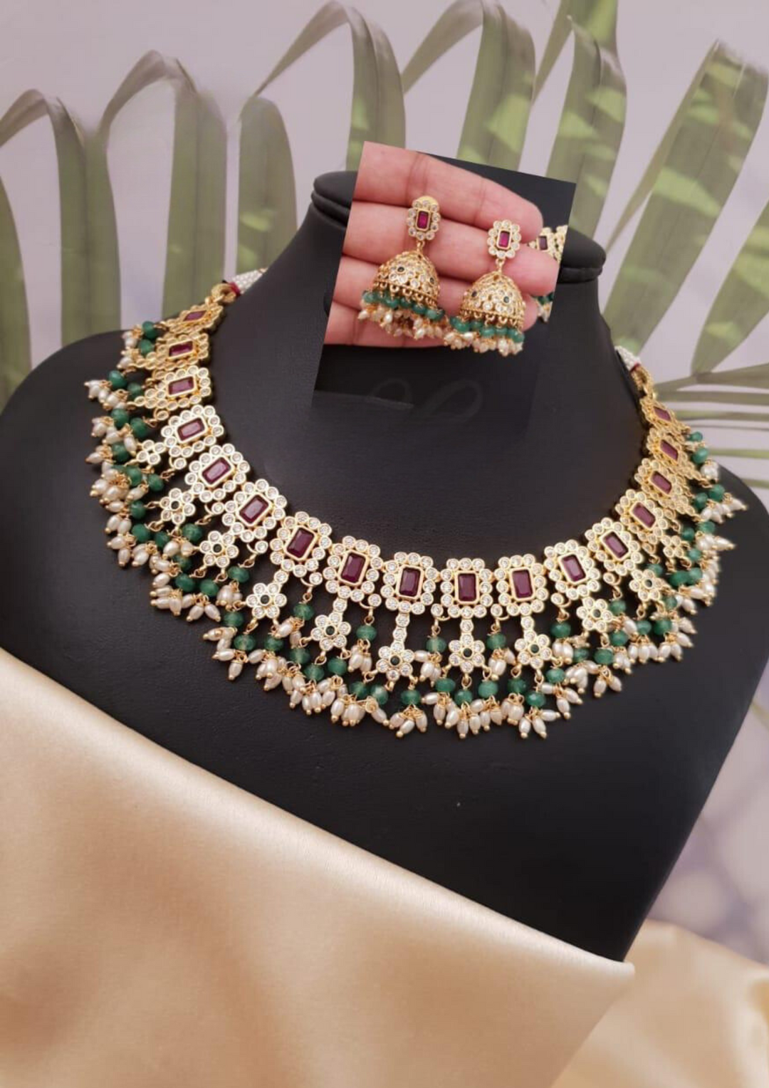 kundan and beads necklace with earrings ssg 101899