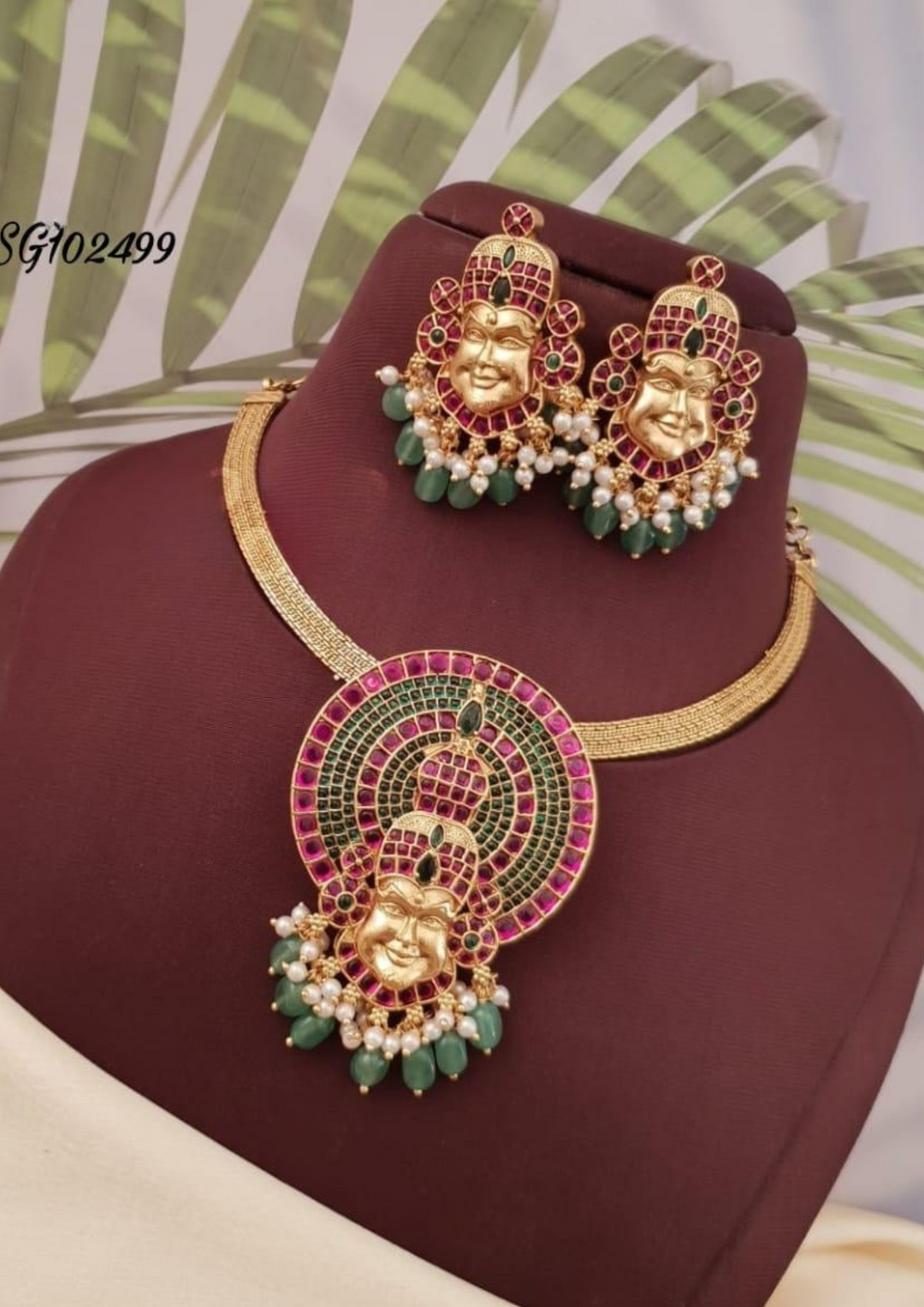 Jadau Kundan and beads temple jewelry necklace with earrings ssg 102499