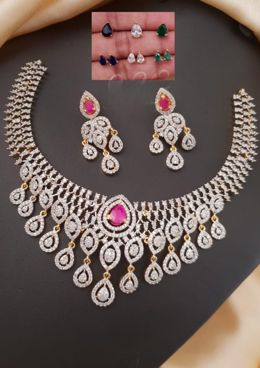 American diamond interchangeable stones necklace set with earrings ssg 101720