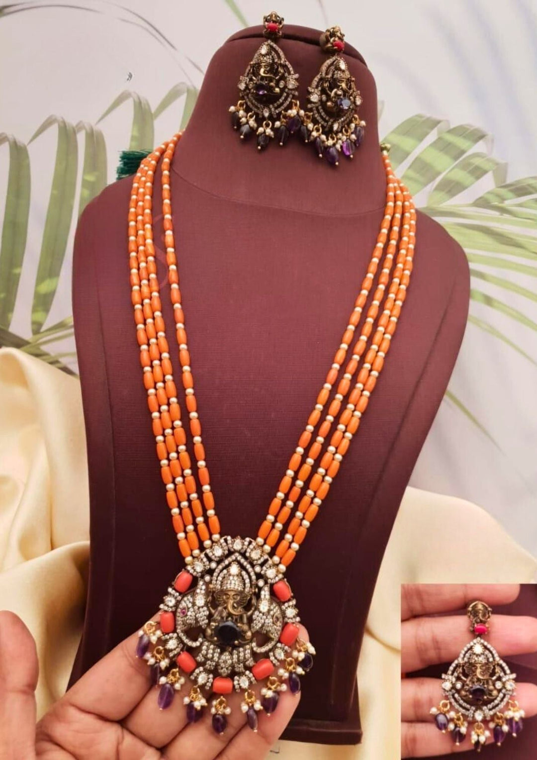 Kundan moissinite stone temple jewelry necklace with earrings ssg 103050
