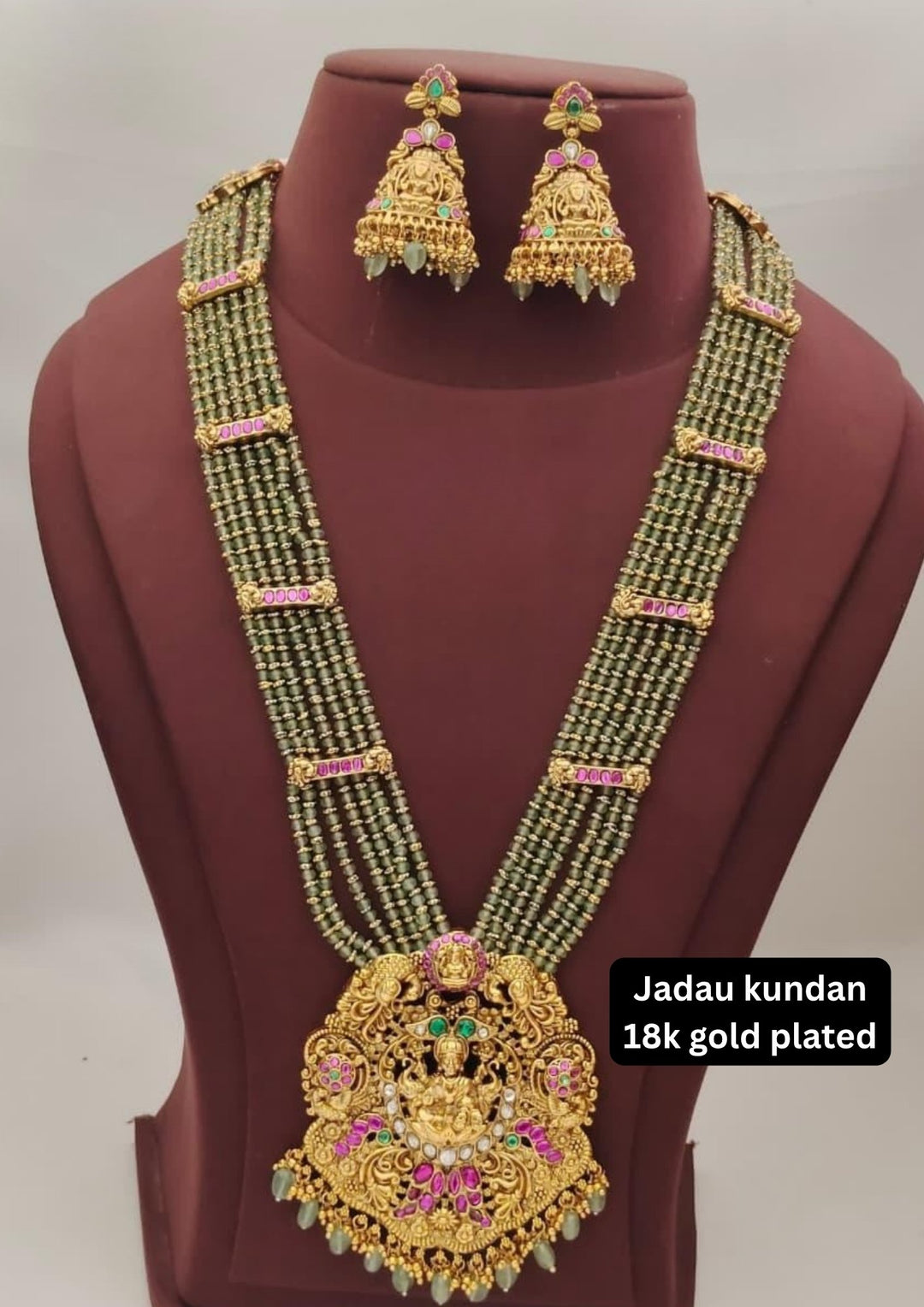 Jadau Kundan & Beads Temple Necklace with Earrings s750007