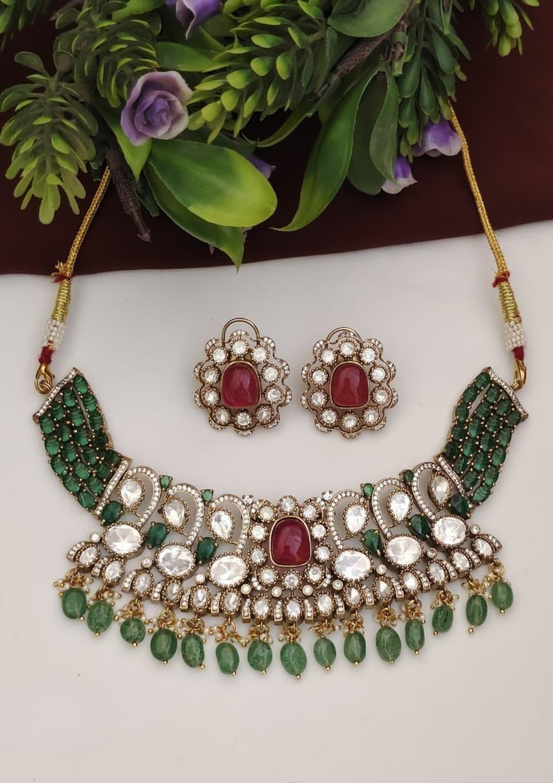 Kundan & Beads Necklace with Earrings s460034