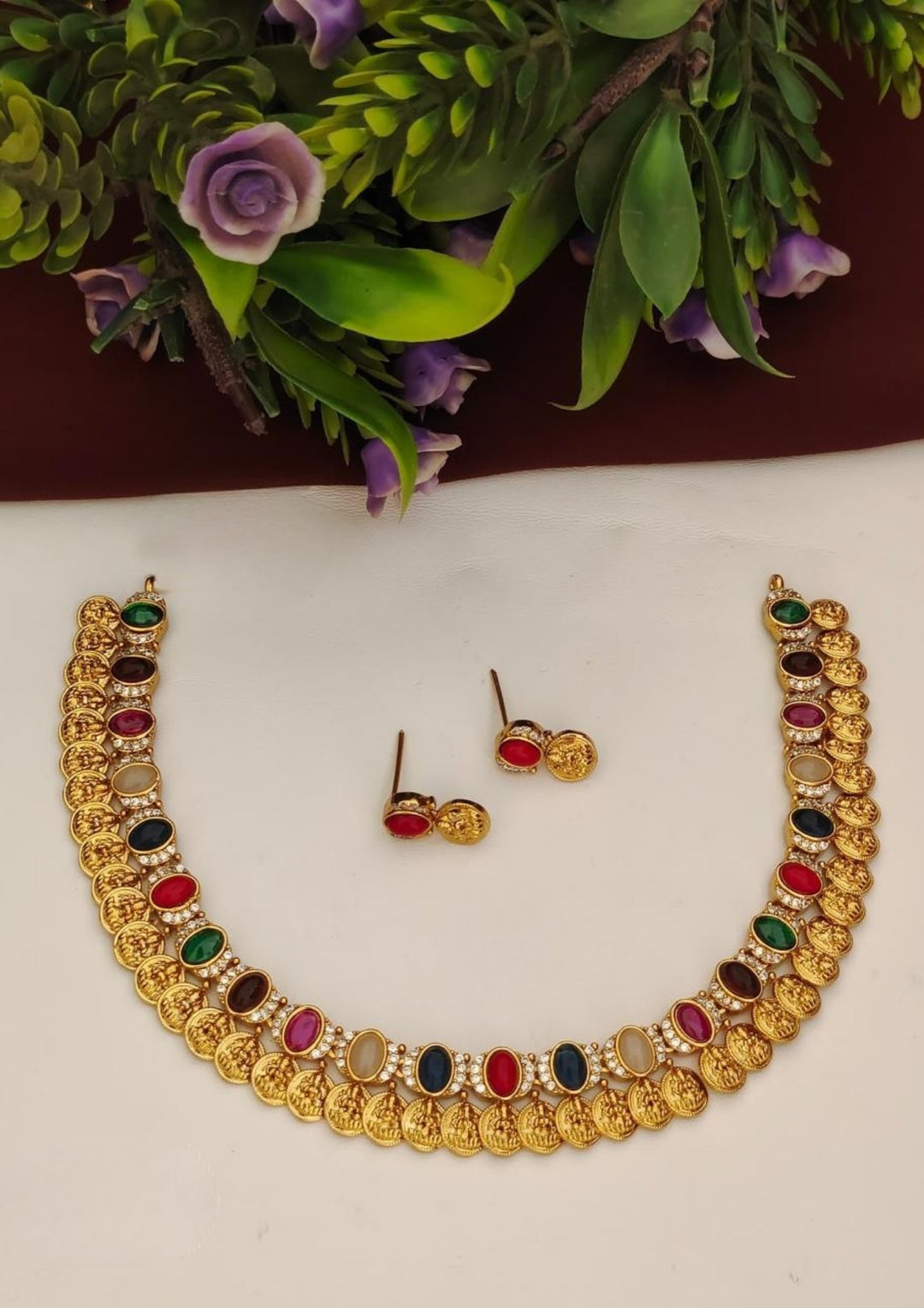 Kundan Stones Temple  Necklace with Earrings s140011