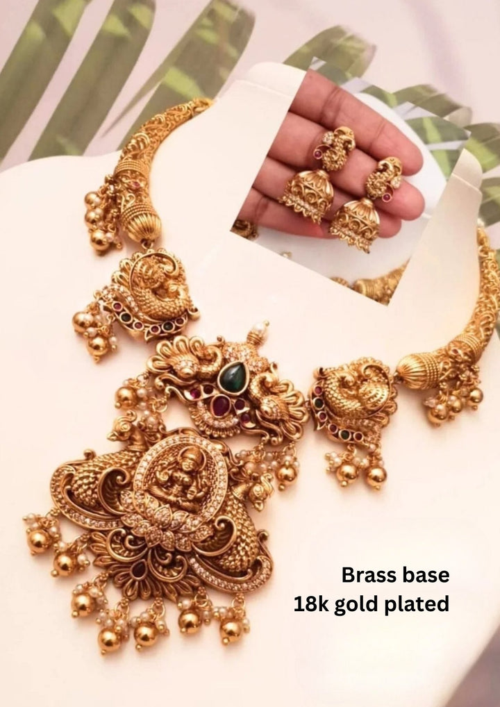 Kundan Brass Base Temple Necklace With Earrings g101950