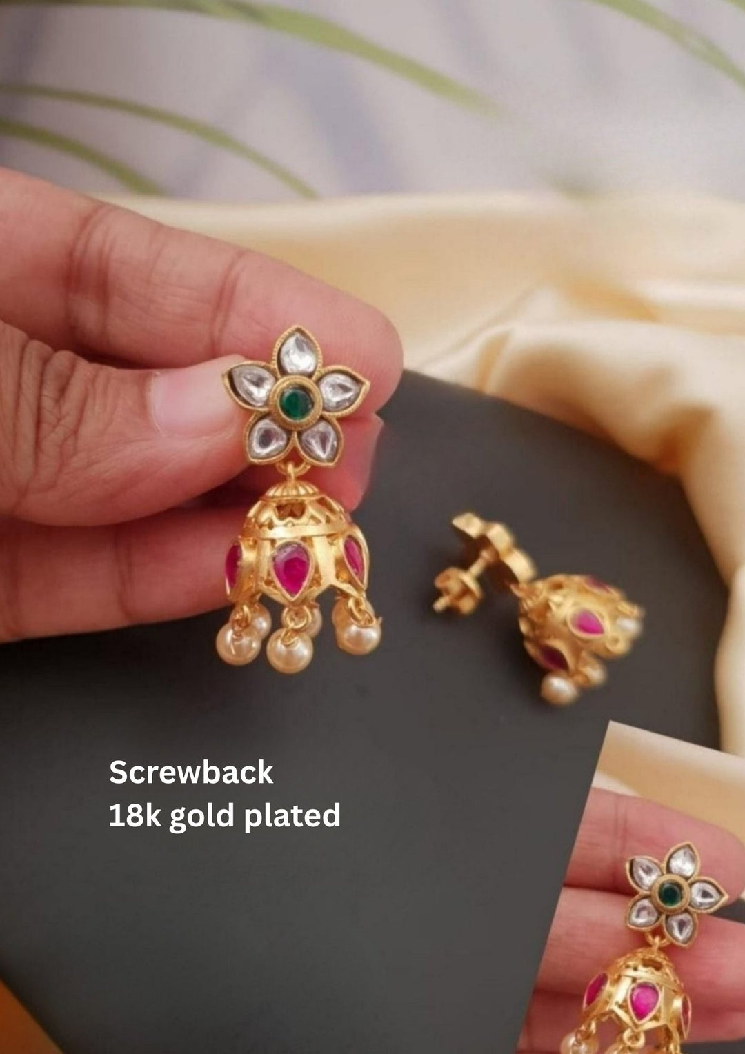 Kundan Screwback Jhumkas g 10850