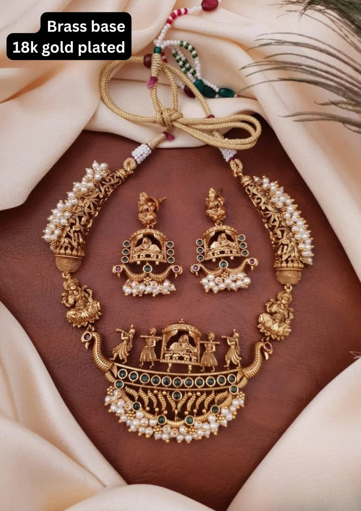 Kundan Brass Base Temple Necklace With Earrings g102050