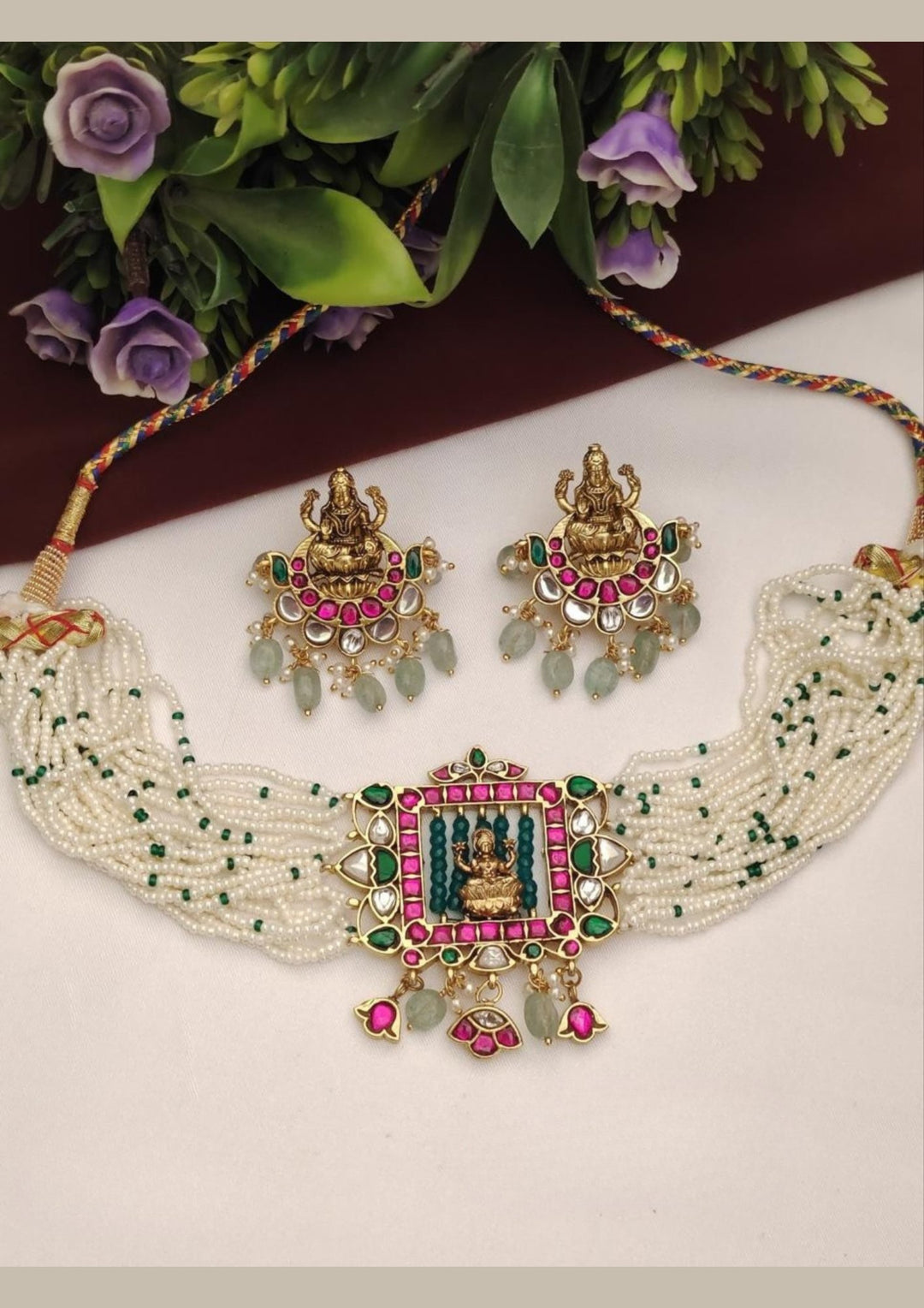 Kundan Temple Necklace with Earrings s 360023