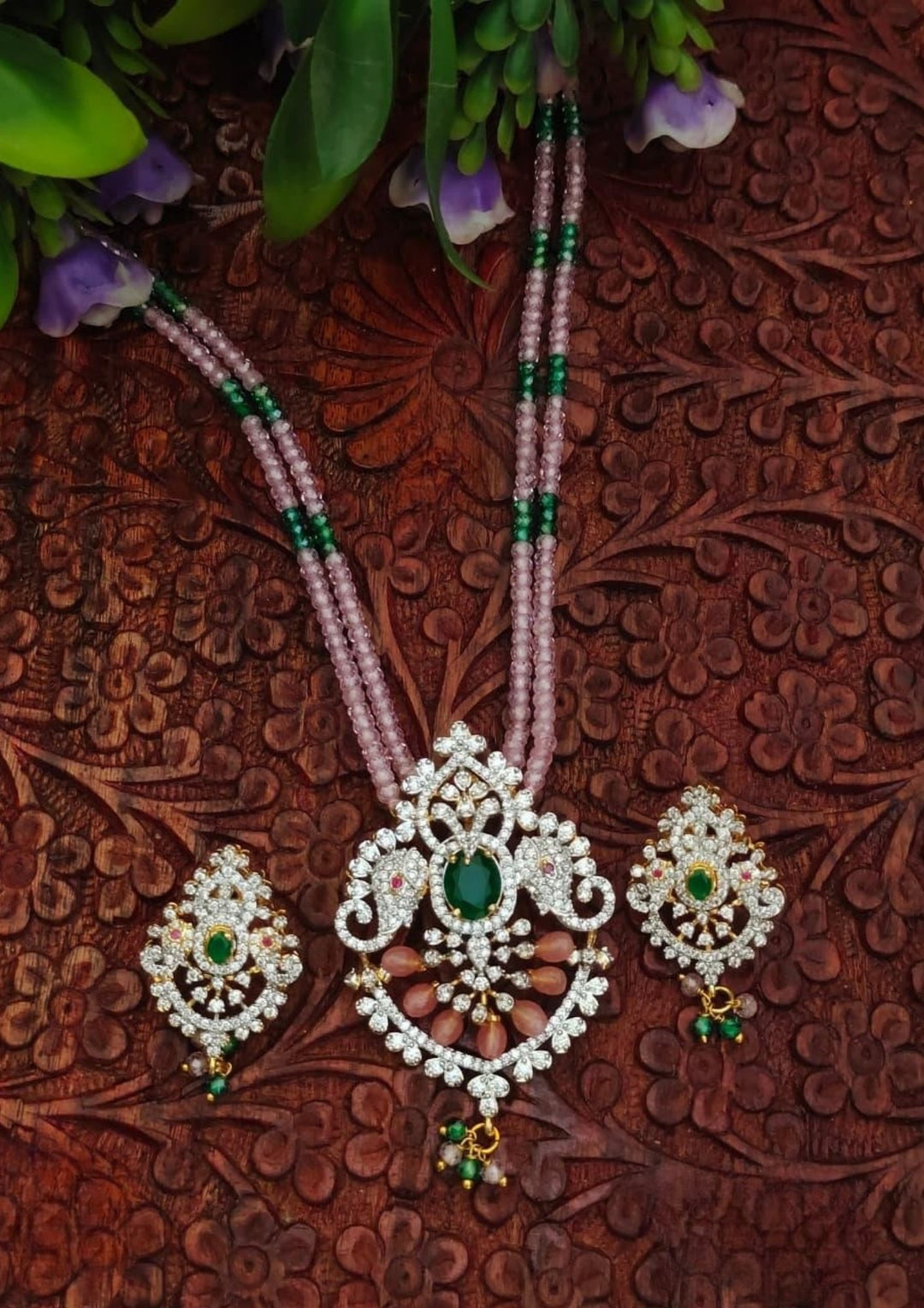 Kundan and CZ Beads Necklace with Earrings s200061