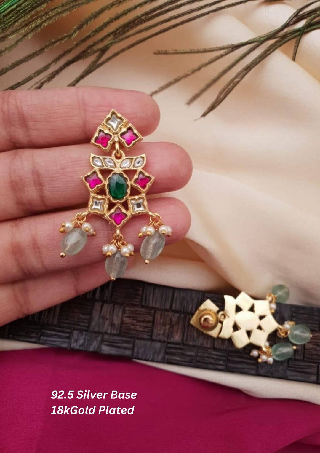 Jadau Kundan Silver Base Gold Plated Screwback Earrings g10850