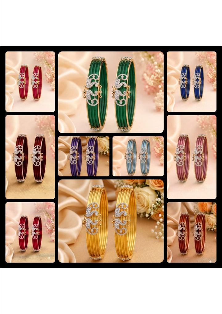 A collage of multiple bangle bracelets shown in different colors, including green, blue, purple, gold, red, and pink, each with a decorative silver-toned central motif. The images are arranged in a grid with soft beige floral and fabric backgrounds.
