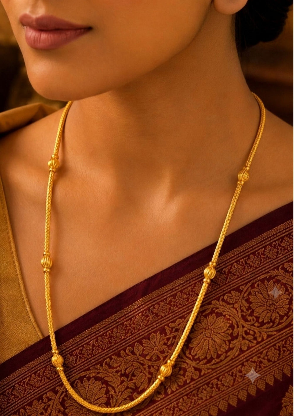 South indian womens Classic gold plated long necklace with ornamental bead detailing, lightweight and ideal for weddings, festivals, and everyday traditional styling.