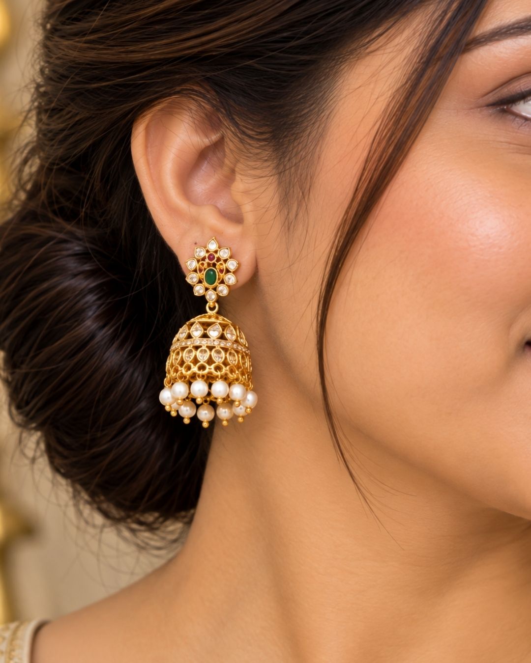 Gold-plated necklace set with intricate design long necklace Setand earrings  with green and red stones come with jadau kundan in necklace set  with beads and in pendent and earrings shows clear design and in detailed shown in picture it will not fade color and water proof can used for festivals, bridals, and weeding&