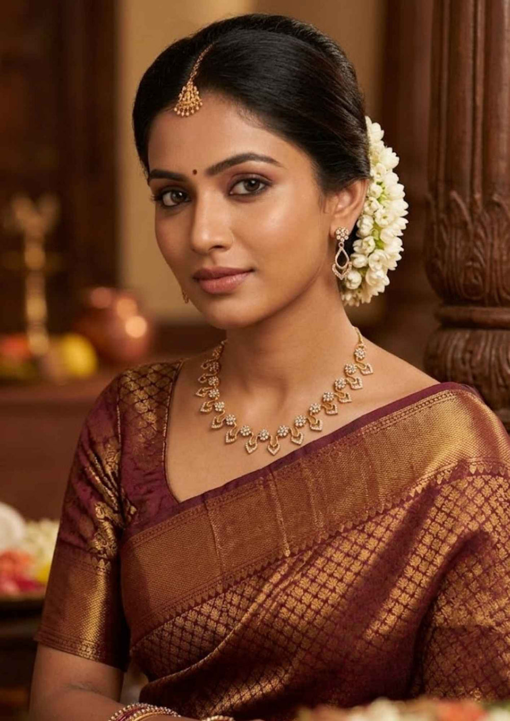 traditional south indian women wearing a, zircon diamond 18K gold-plated necklace and earring set showcasing delicate craftsmanship. The jewelry features sparkling diamond-like floral elements and curved drop shapes, making it a great choice to wear with sarees, lehengas, modern dresses, and festive wear for weddings, receptions, or family parties.