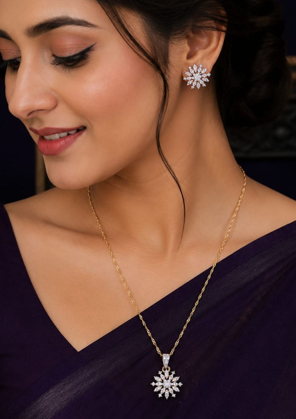 South indian women's Lightweight zircon diamond pendant set with a delicate gold plated chain and matching flower-shaped earrings, perfect for festive and party wear.