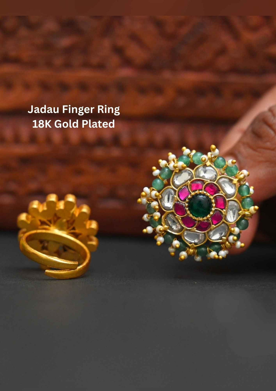 18K gold-plated Jadau finger ring with gemstones