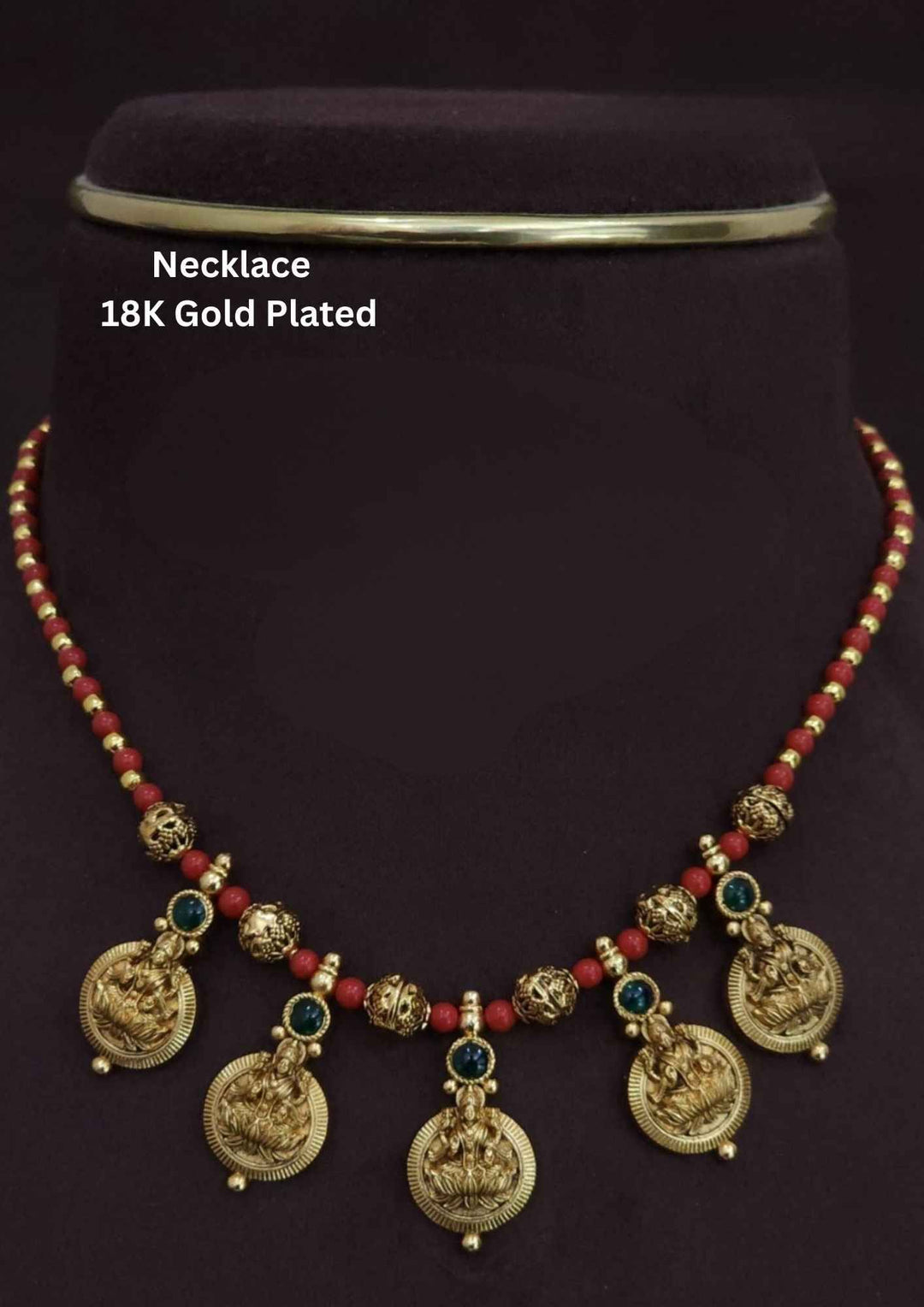 18K gold-plated necklace with red beads and gold pendants 