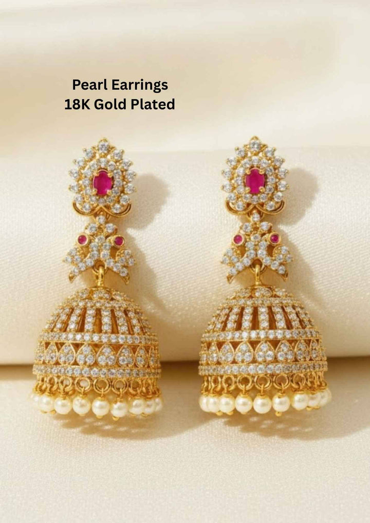 18K gold-plated pearl earrings with red gemstones