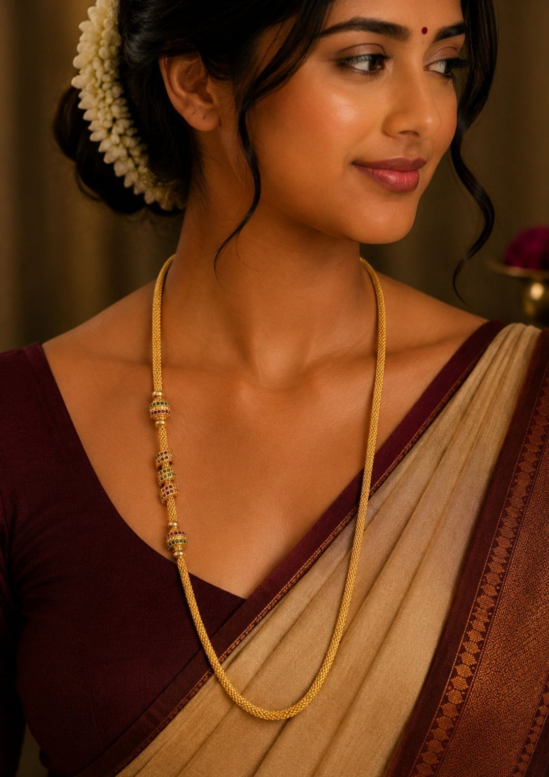 South Indian women wearing a  Elegant 18K gold plated South Indian thalli chain featuring a sleek woven design with decorative ruby and emerald bead accents for traditional wear.