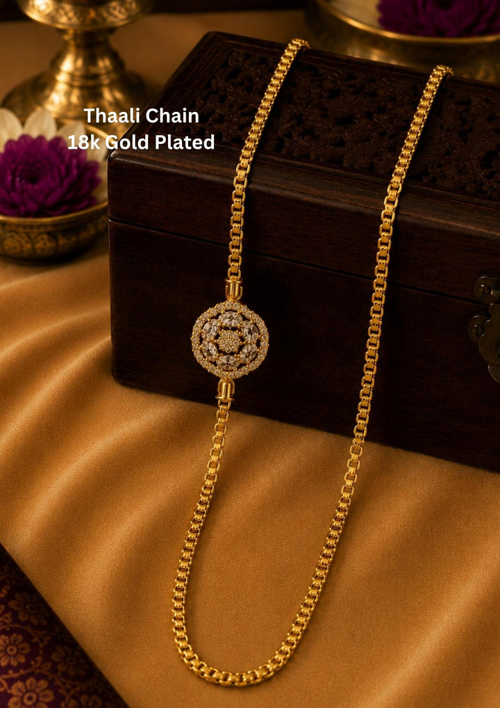 South Indian Women wearing 18K gold plated thalli chain featuring a dazzling round zircon centerpiece with premium craftsmanship and polished finish. Perfect for weddings, festivals, traditional wear, office wear, daily wear