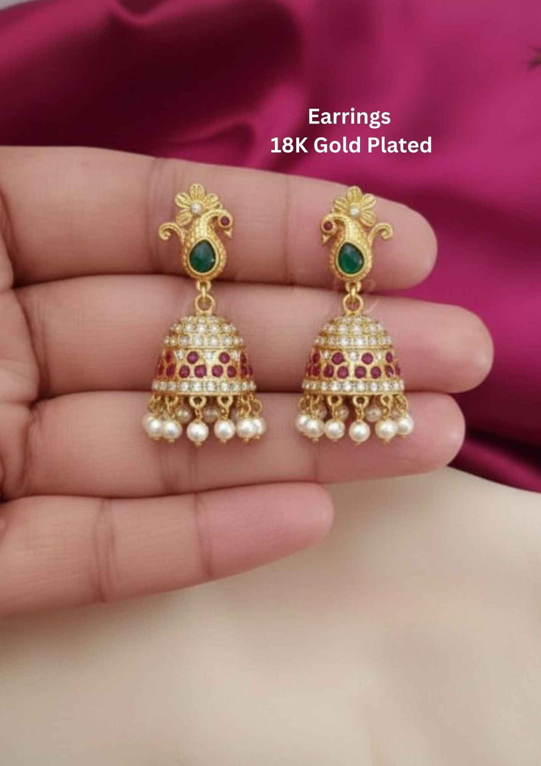 18 k Gold-plated earrings with green and red stones 