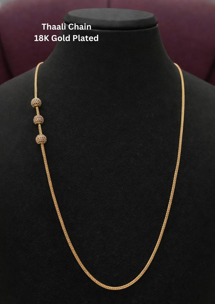 18K Gold Plated Thaali Chain with beautiful rope design and with gold beads on the sides, shiny gold finish, lightweight and comfortable to wear all day, sweat proof, anti-fade colour, skin-friendly quality, and perfect for daily wear, pooja functions, festivals, weddings and traditional occasions.
