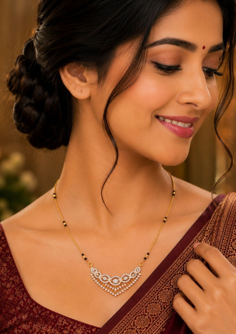 South Indian Women Wearing a Modern Zircon Diamond gold plated mangalsutra necklace The design features a delicate gold link chain transitioning into sections of traditional small black beads on both sides. The central pendant showcases a sleek, contemporary curved V-shape and a stylized butterfly or floral motif encrusted with sparkling white cubic zirconia stones. This elegant neckpiece perfect for daily wear, office wear, and casual outfits.
