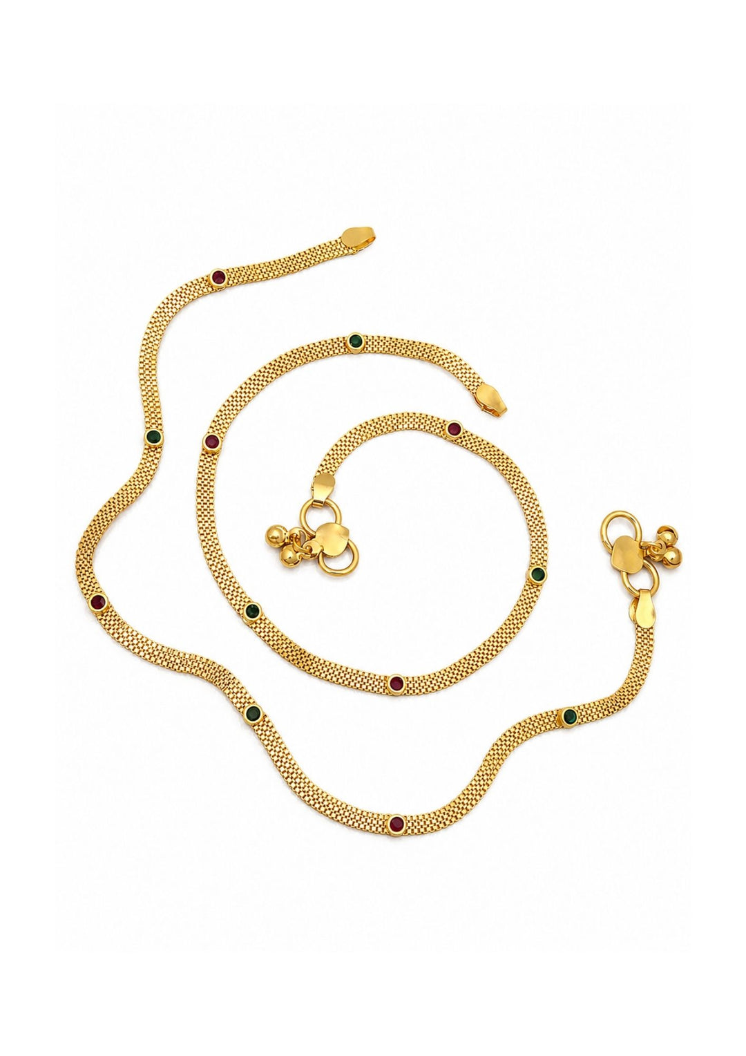 in white background shown clearly gold plated anklets for daily ware in given image anklets shows very classy and can see very Cleary how it looks tradition for women (pattillu/payal) and can be used for dailyware, festivals , weeding's and brides 