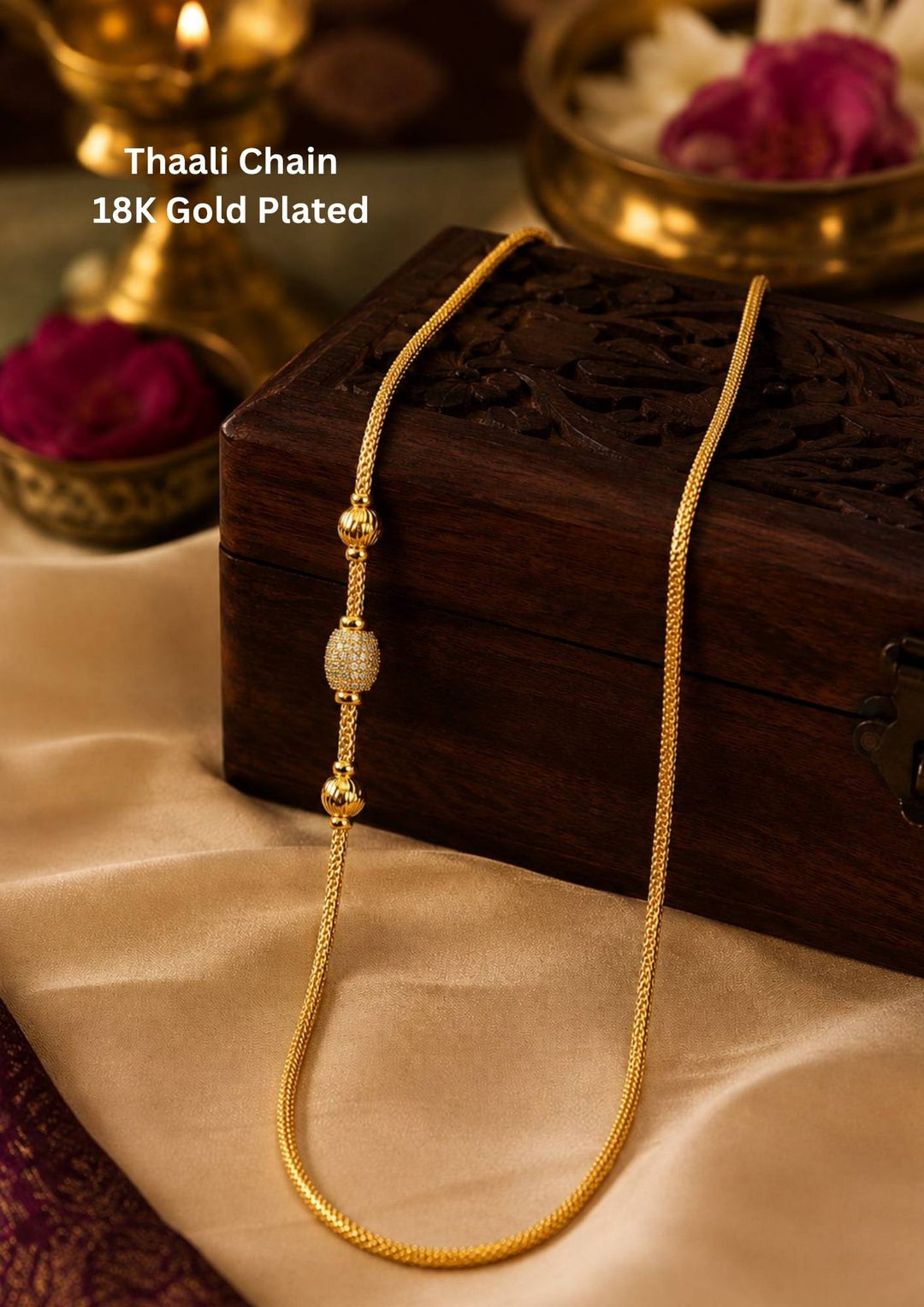 18K gold-plated thali chain with ball shape comes with ball shape and shown very clearly and it is tradition for Indian women and can use for dailyware , office ware and functional 