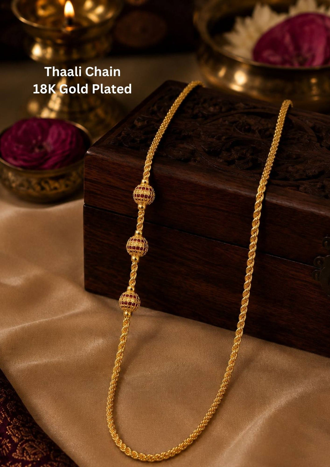18K gold-plated thali chain with ball shape comes with ball shape and shown very clearly and it is tradition for Indian women and can use for dailyware , office ware and functional 