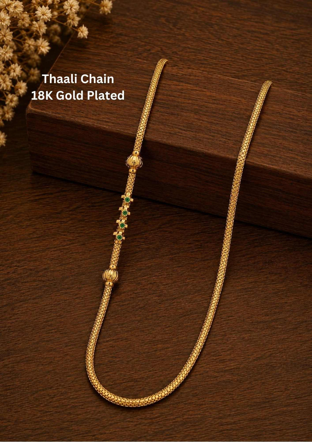 18K gold-plated emerald thali chain with ball shape comes with ball shape and shown very clearly and it is tradition for Indian women and can use for dailyware , office ware and functional 