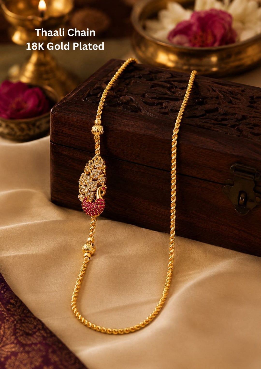 18K gold-plated Kemp thali chain comes with peacock design and ball shape and shown very clearly and it is tradition for Indian women and can use for dailyware , office ware and functional 