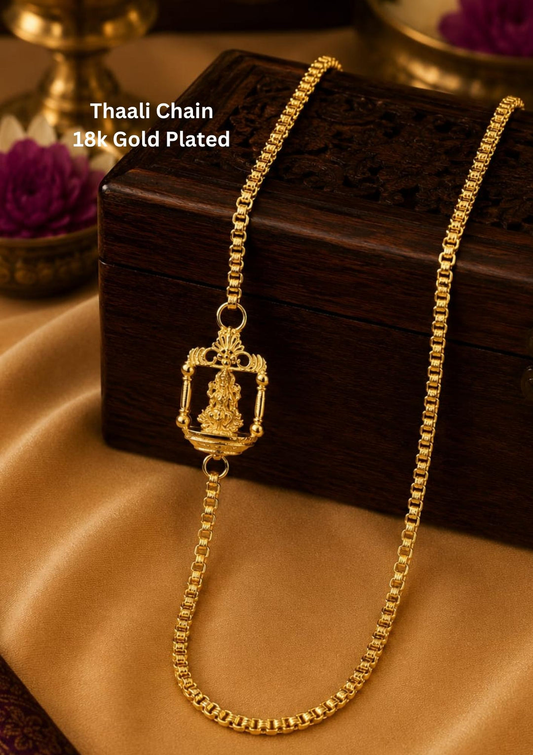 18K gold plated thalli chain featuring a beautifully crafted Lakshmi swing pendant with an elegant traditional finish. Ideal for weddings, festivals and daily traditional wear.