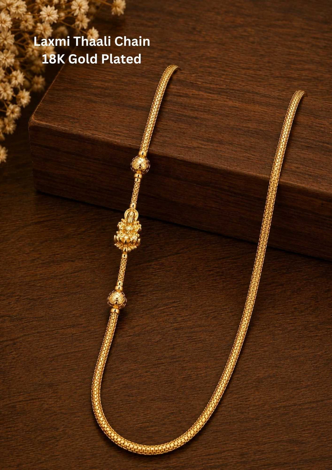 18K gold-plated Laxmi devi thali chain with ball shape comes with ball shape and shown very clearly and it is tradition and temple jewelry for Indian women and can use for dailyware , office ware and functional 