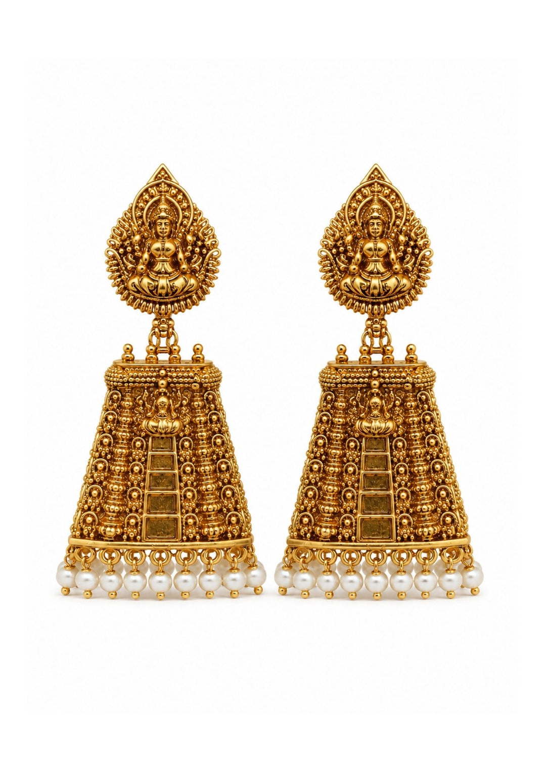 Laxmi Jhumka Gold Plated traditional temple earrings designed with detailed Goddess Laxmi in sitting position on the top portion and large antique style jhumka hanging pattern decorated with bead work and small white pearl drops at the bottom. These ethnic earrings feature rich antique gold polish with traditional South Indian style that gives a royal and festive jewelry look.
