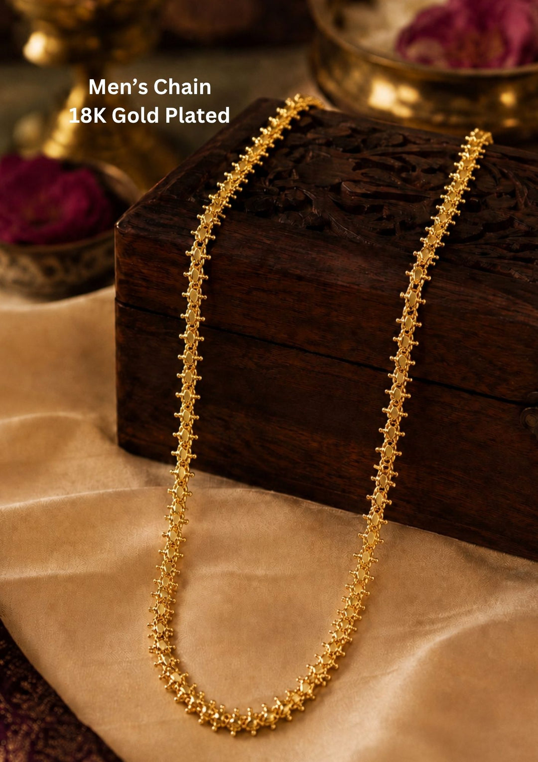 its a mens chain 18k gold plated Link Men's Chain and can be used for functions and weeding's and dailyware and will not fade and sweat proof 