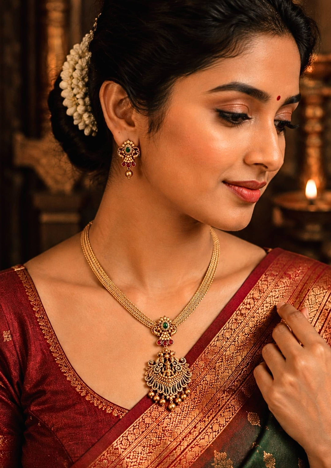 South Indian woman wearing Laxmi Devi Gold Plated necklace set with matching earrings, green stones, zircon detailing, and pearl drops. The temple jewelry design features Goddess Laxmi pendant with floral traditional patterns and antique gold finish. The layered necklace and matching earrings give a grand and elegant ethnic jewelry appearance. Comfortable, skin-friendly, sweat proof, and perfect for weddings, festivals, sarees, and family functions.