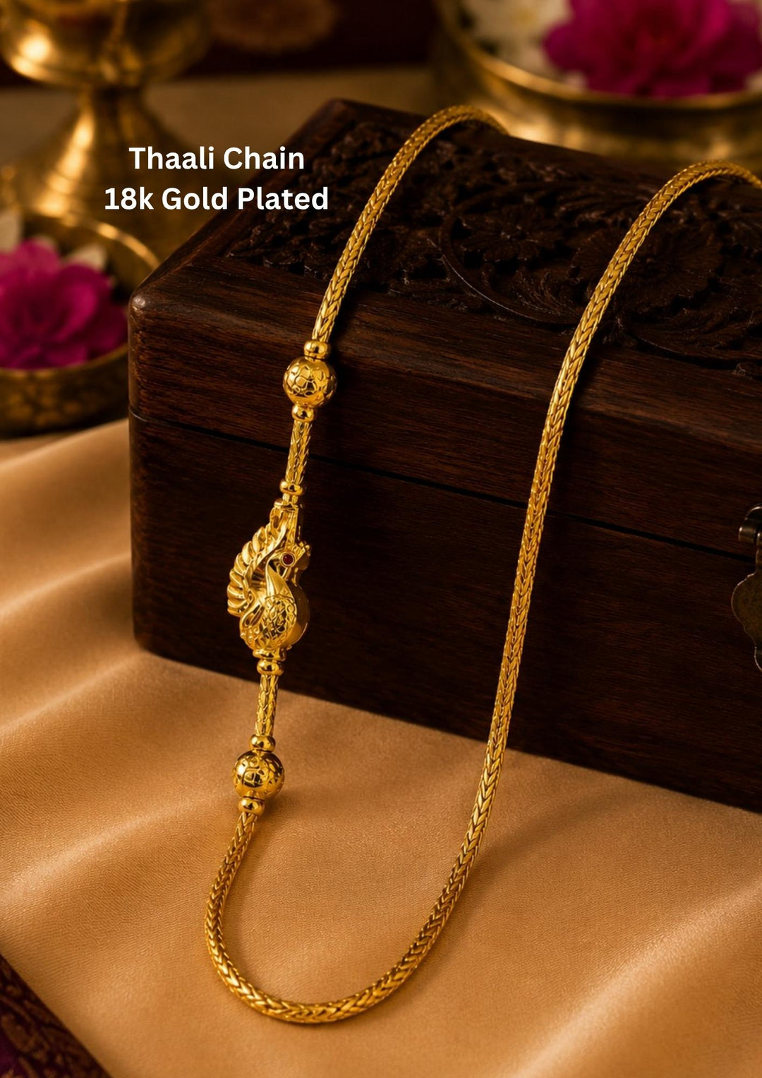 18K gold plated thalli chain featuring an intricately crafted peacock pendant with decorative gold bead accents and premium finish. Perfect for weddings, festivals, traditional wear, office wear, daily wear