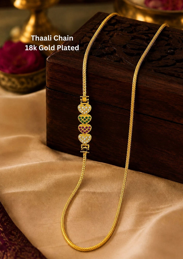 18K gold plated thalli chain featuring sparkling multicolor heart motifs with elegant craftsmanship and premium finish for festive and daily wear.