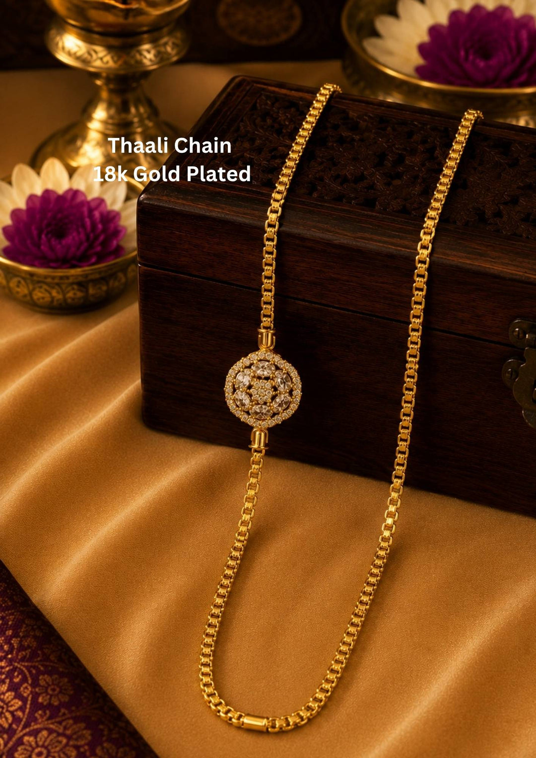 18K gold plated thalli chain featuring a dazzling round zircon centerpiece with premium craftsmanship and polished finish. Perfect for weddings, festivals, traditional wear, office wear, daily wear